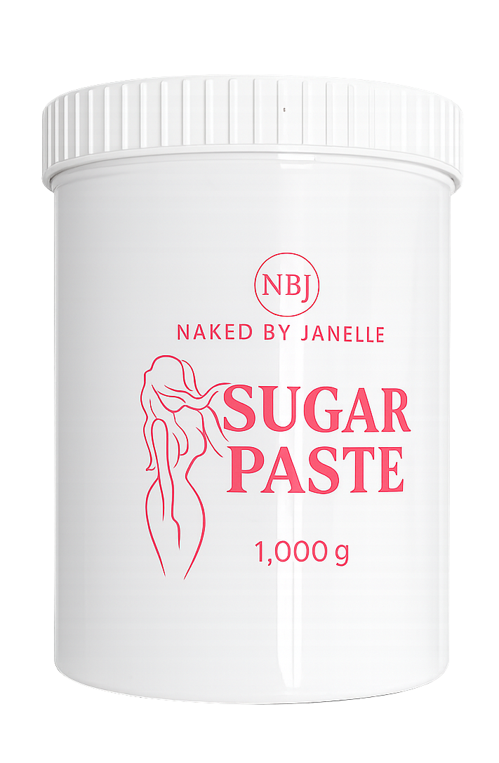 Front view of the 1,000 gram Naked By Janelle sugar paste jar with lid